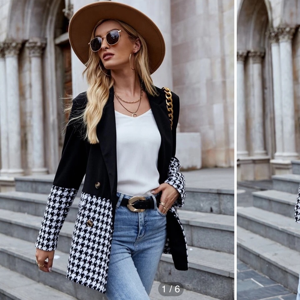 Houndstooth Pattern Double Breasted Lapel Collar Blazer